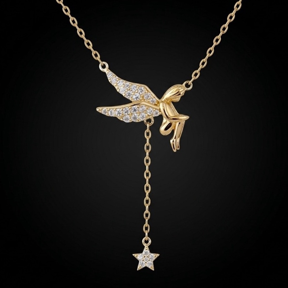 “Star Kissed Fairy” Knee Hugging Angel Crouch Pensive Ethereal Heavenly Necklace